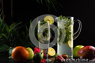 Mojito lemonade in a jug and glass and fruits Stock Photo