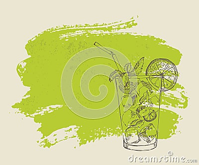 Mojito with mint and lime on green background Vector Illustration
