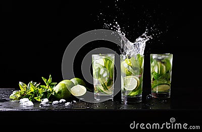 Mojito summer beach refreshing tropical cocktail non alcohol drink in highball glass with splash soda water, lime juice Stock Photo