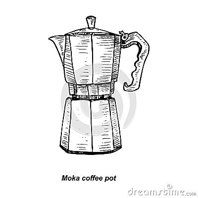Moka coffee pot, gravure style ink drawing Vector Illustration