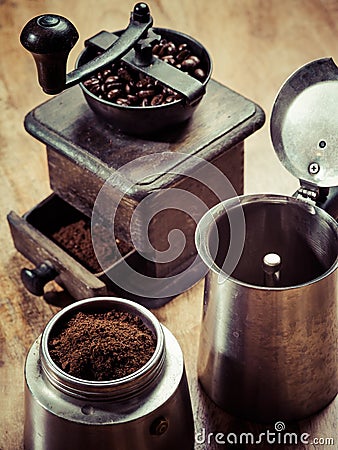 Moka express coffee maker and grinder Stock Photo