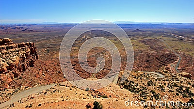 Moki Dugway road leads out of the Valley of the Gods to Muley Point which overlooks Monument Valley, Mexican Hat and the Stock Photo