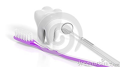 Molar tooth with dental mirror and toothbrush Stock Photo