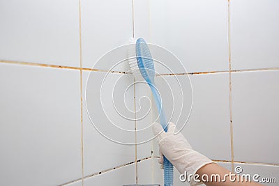 Mold or fungus of the wall in the Shower room causing black or brown mold in the bathroom Stock Photo