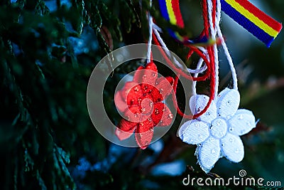 Moldavian and Romanian spring symbol. Martisor on green natural background with tricolor elements. Martisor is a red and white Stock Photo