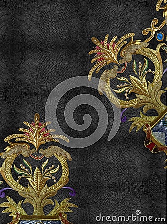 Embroidery gold dragon black design Stock Photo