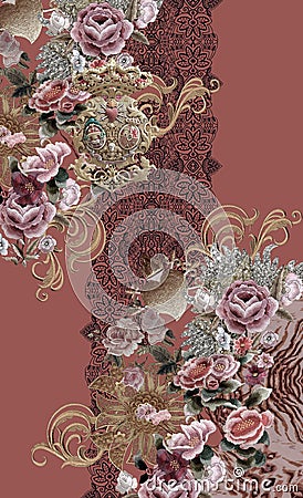 Flowers embroidery baroque gold animal print pink Cartoon Illustration