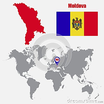 Moldova map on a world map with flag and map pointer. Vector illustration Cartoon Illustration