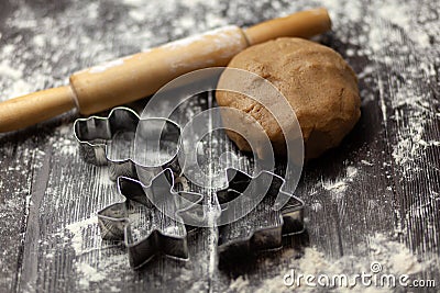 Molds for baking holiday cookies. Christmas tree, snowflake, snowman Stock Photo