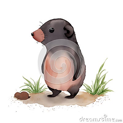 Mole (Animal) in cartoon style. Cute Little Cartoon mole isolated on white background. Watercolor drawing, Stock Photo