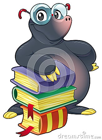 Mole with books. Vector Illustration