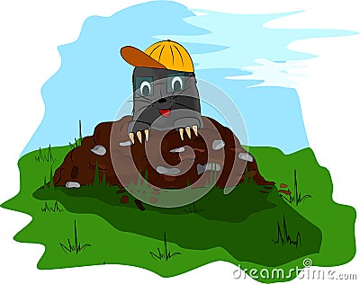 Mole with a cap on molehill Stock Photo