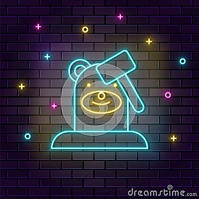 Mole game whack retro arcade neon on wall. Dark background brick wall neon icon Vector Illustration