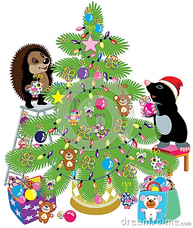 mole and hedgehog decorating a christmas tree Vector Illustration