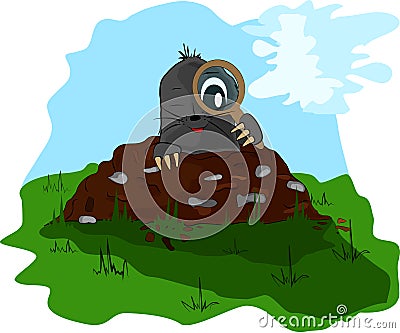 Mole with a magnifying glass on molehill Stock Photo
