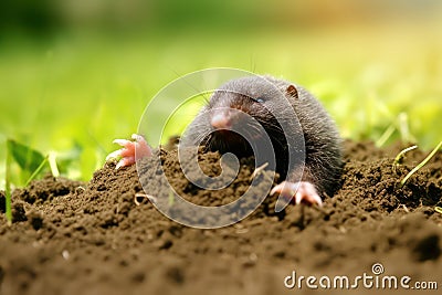 mole on molehill in garden grass Stock Photo