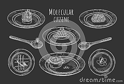 Molecular cuisine dishes on black background Vector Illustration