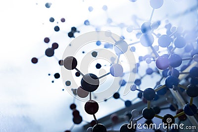 Molecular, DNA and atom model in science research lab Stock Photo