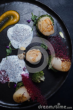 Molecular gourmet cuisine unusual dark background Stock Photo