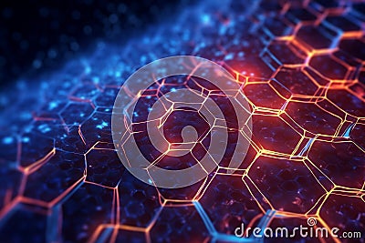 Molecular Network in Hexagonal Nano Grid. Generative AI Stock Photo
