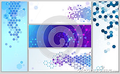 Molecular structure banners. Abstract hexagonal grid, chemistry structures and dna model science vector banner Vector Illustration