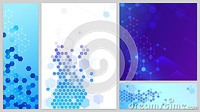 Molecular structure banners set. Connecting lines and dots, hexagons abstract tech background. Science network Vector Illustration