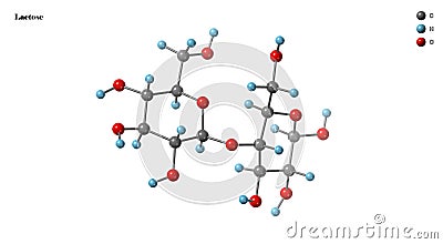 Molecular Structure of Lactose or Atomic Arrangement of Carbon Hydrogen and Oxygen in Lactose Stock Photo