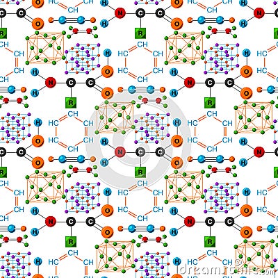 Molecular structure medical evolution life biotechnology microbiology formula seamless pattern background vector Vector Illustration