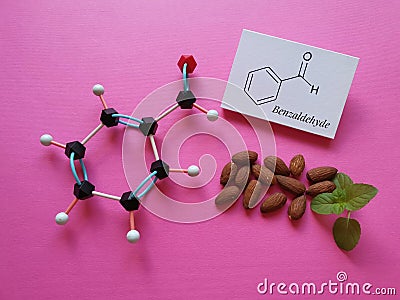 Molecular structure model and chemical formula of benzaldehyde. Benzaldehyde is naturally found in almonds. Stock Photo