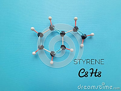 Molecular structure model and chemical formula of styrene molecule. It is used to make polystyrene plastics, rubber, latex Stock Photo