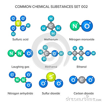 Molecular structures of common chemical substances Vector Illustration