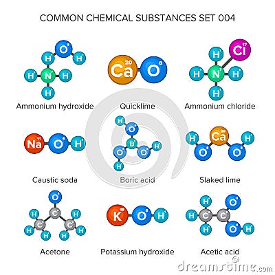 Molecular structures of common chemical substances Vector Illustration