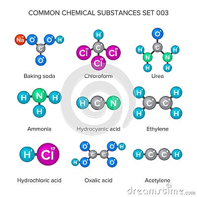 Molecular structures of common chemical substances Vector Illustration