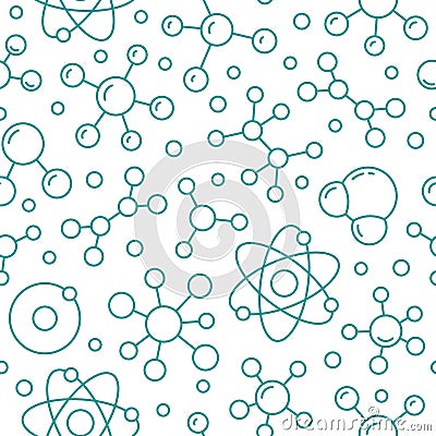 Molecule background, abstract science seamless pattern. Medical, chemistry wallpaper with atom line icons. Scientific Vector Illustration