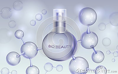 Molecule cosmetic. 3D collagen skin care product. Molecular and DNA chemical formula. Science medical serum package. Bio Vector Illustration
