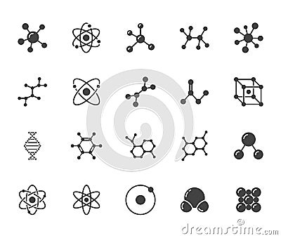 Molecule flat glyph icons set. Chemistry science, molecular structure, chemical laboratory dna cell protein vector Vector Illustration