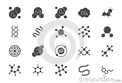 Molecule flat glyph icons. Vector illustration included icon amino acid, peptide, hormone, protein, collagen, ozone, O2 Vector Illustration