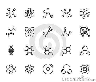 Molecule flat line icons set. Chemistry science, molecular structure, chemical laboratory dna cell protein vector Vector Illustration