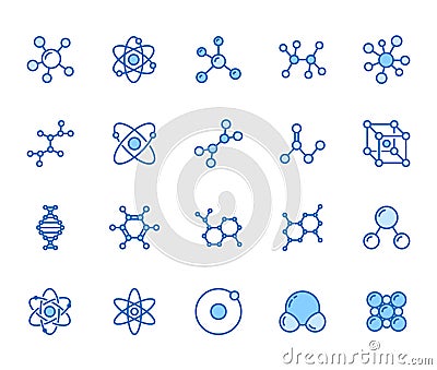 Molecule flat line icons set. Chemistry science, molecular structure, chemical laboratory dna cell protein vector Vector Illustration