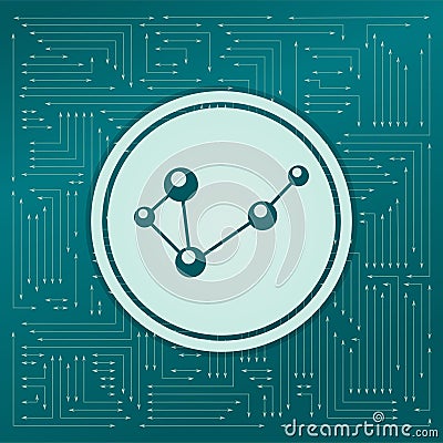 Molecule on a green background, with arrows in different directions. It appears the electronic board. Cartoon Illustration