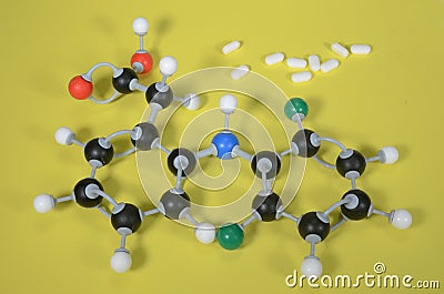 Molecule model of Diclofenac, the active ingredient in many pain killers. Stock Photo