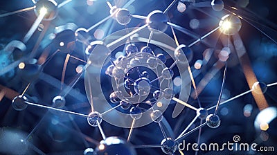 Molecule model with electron orbits illustrates atom structure. Science and nanotechnology concept. Ai Generated Stock Photo