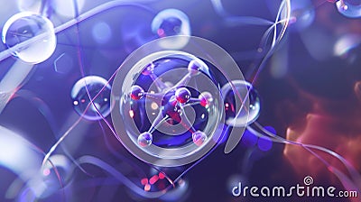 Molecule model with electron orbits illustrates atom structure. Science and nanotechnology concept. Ai Generated Stock Photo