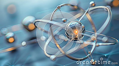 Molecule model with electron orbits illustrates atom structure. Science and nanotechnology concept. Ai Generated Stock Photo