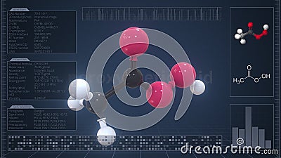 Overview of the molecule of peroxyacetic acid on the computer screen. 3d rendering Stock Photo