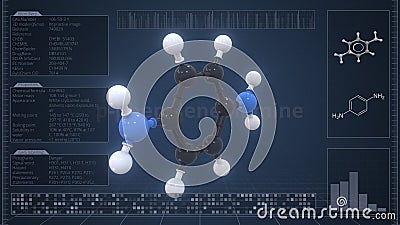 Molecule of p-phenylenediamine with infographics on the computer monitor, 3d rendering Stock Photo
