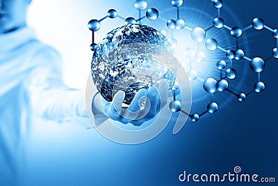 Molecules and globus in hand, Molecular medical, ecology abstraction in hand. Virus and planet Earth. Molecule and atoms Stock Photo