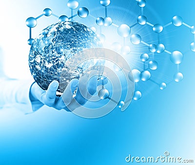 Molecules and globus in hand, Molecular medical, ecology abstraction in hand. Virus and planet Earth. Molecule and atoms Stock Photo