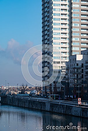 Molenbeek, Brussels Capital Region, Belgium - View over the Canal Wharf renovated city district with luxury apartment blocks Editorial Stock Photo