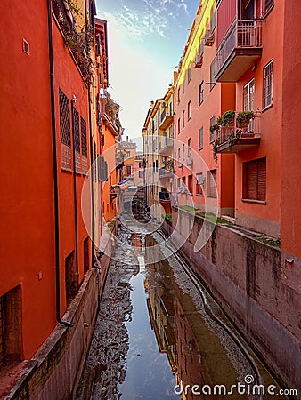 The Moline canal between houses in Bologna Stock Photo